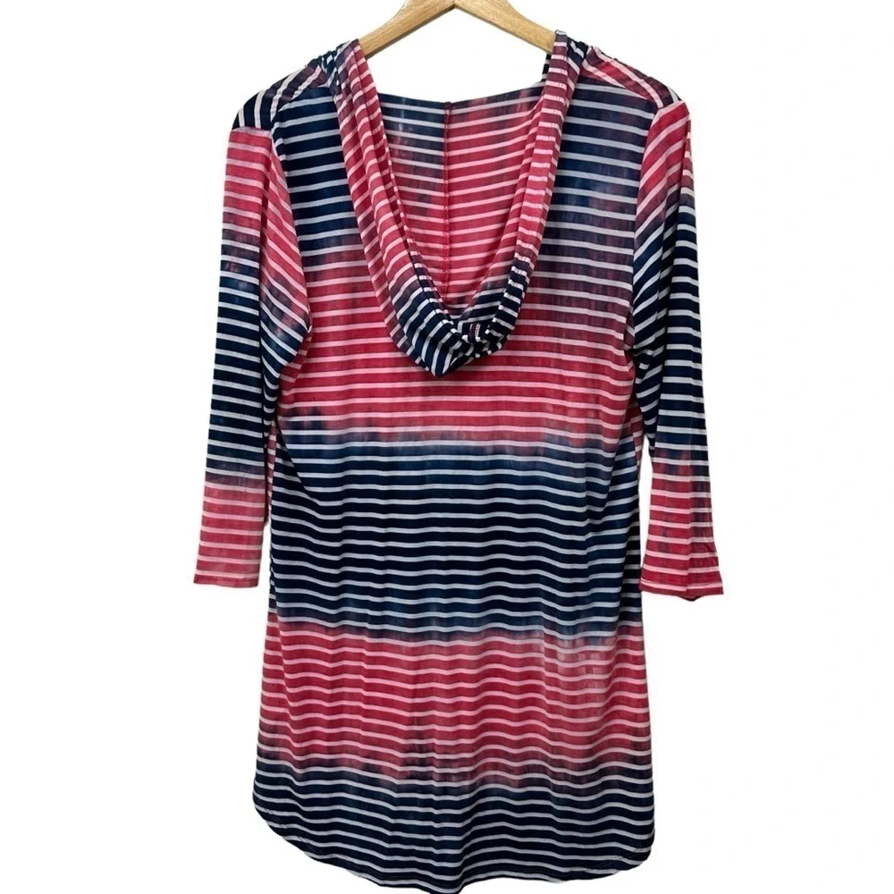 Sandiva Red, White, Blue Stripe Swim Coverup Hoodie Dress, Medium